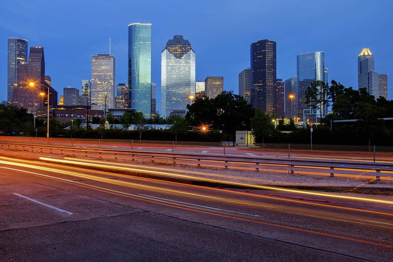 View of Downtown Houston city, Texas in a beautiful day at night