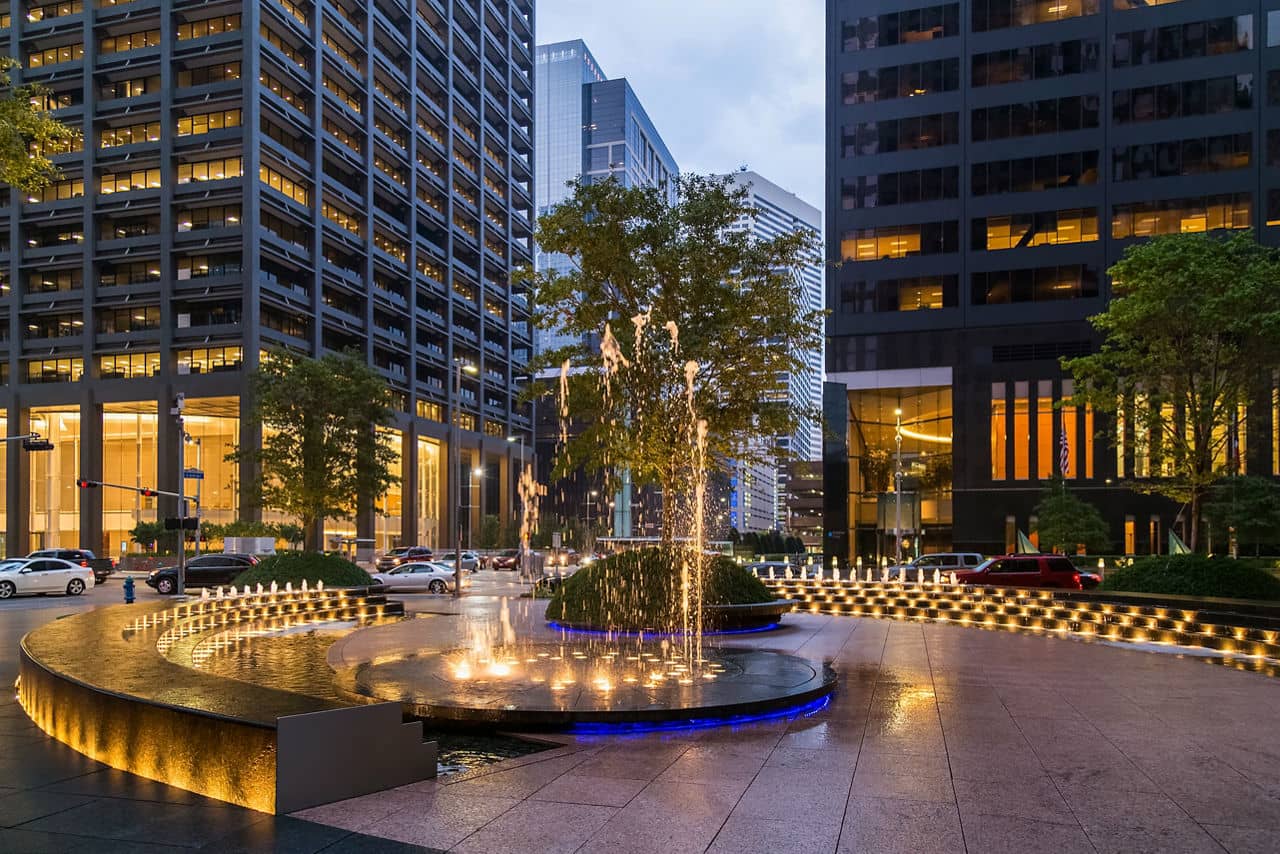 Fountain with lights and illumination in Downtown Houston, Texas